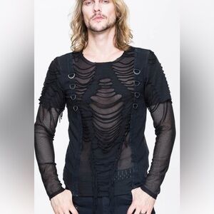 Men’s Goth, Punk Edgy Black Destroyed, Mesh Sleeve Cotton Top w D Ring Detail